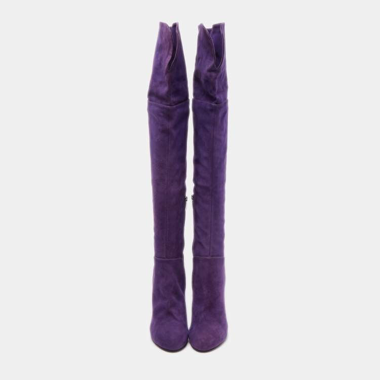 Pre Owned Sergio Rossi Purple Suede Zip Detail Knee Length Boots Size 40.5  