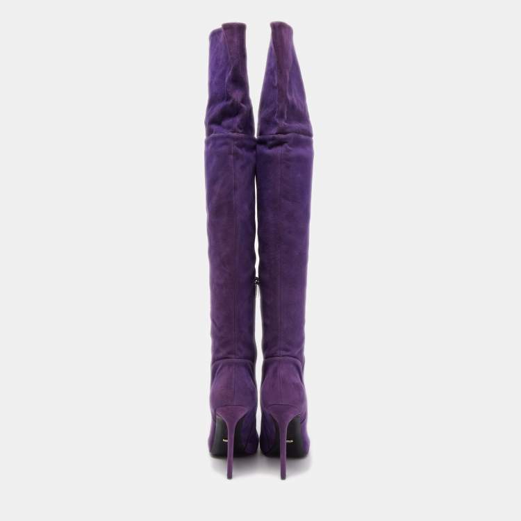 Pre Owned Sergio Rossi Purple Suede Zip Detail Knee Length Boots Size 40.5  