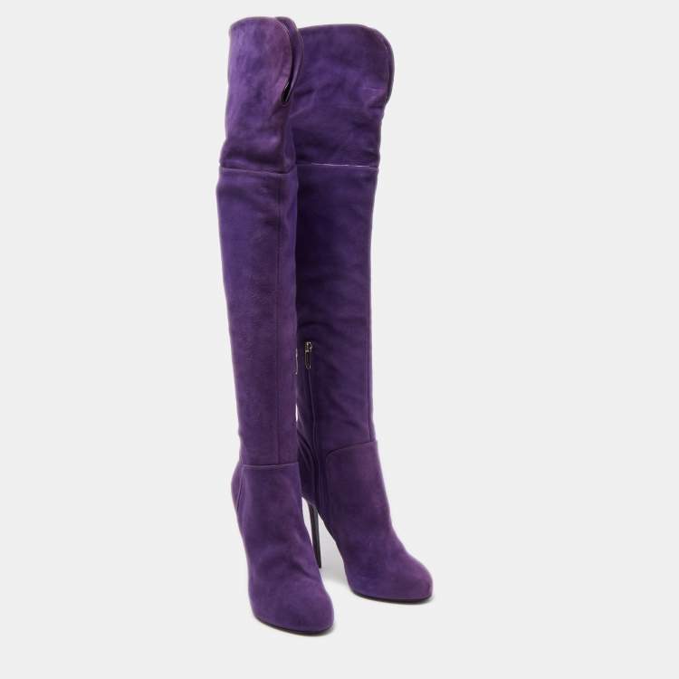 Pre Owned Sergio Rossi Purple Suede Zip Detail Knee Length Boots Size 40.5  