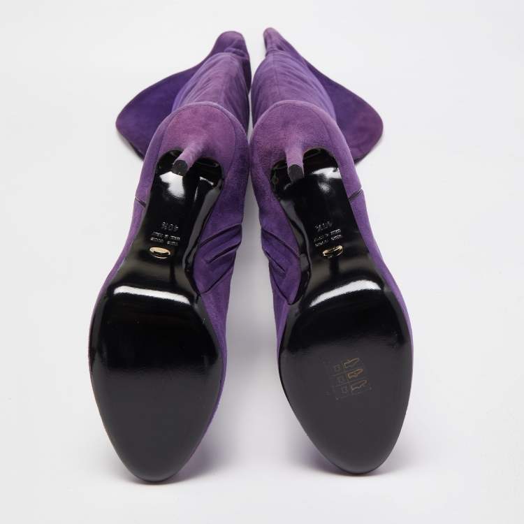 Pre Owned Sergio Rossi Purple Suede Zip Detail Knee Length Boots Size 40.5  