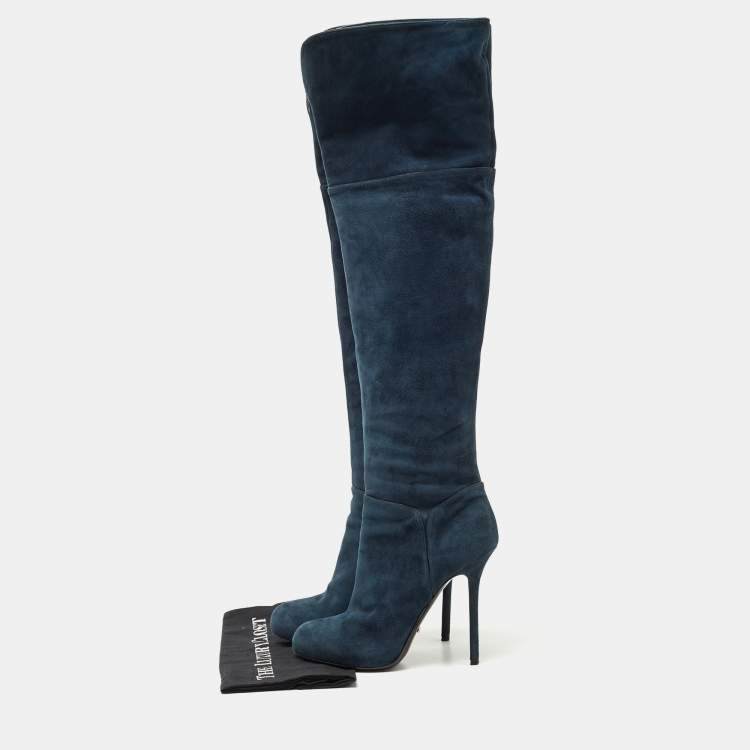 Pre Owned Sergio Rossi Blue Suede Knee Length Boots Size 40.5