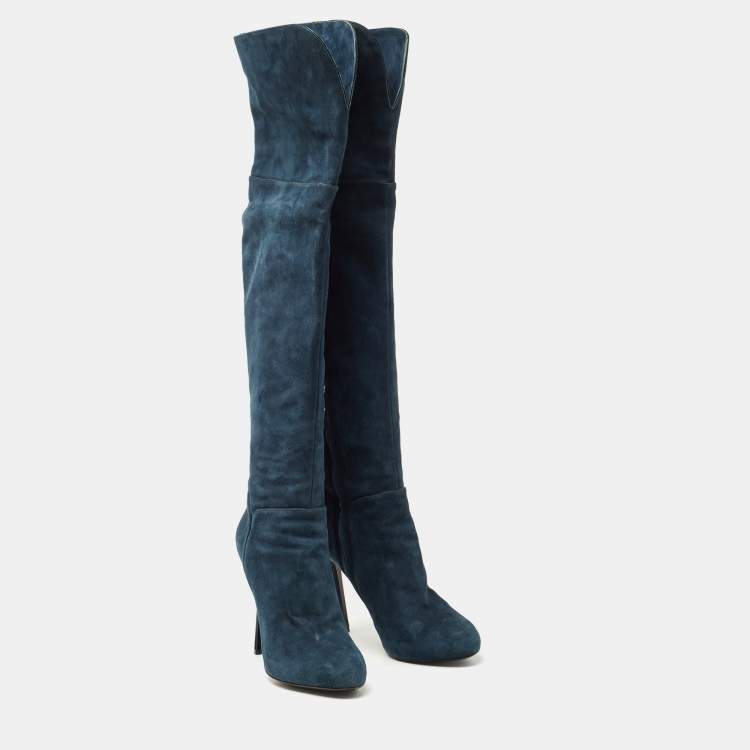 Pre Owned Sergio Rossi Blue Suede Knee Length Boots Size 40.5