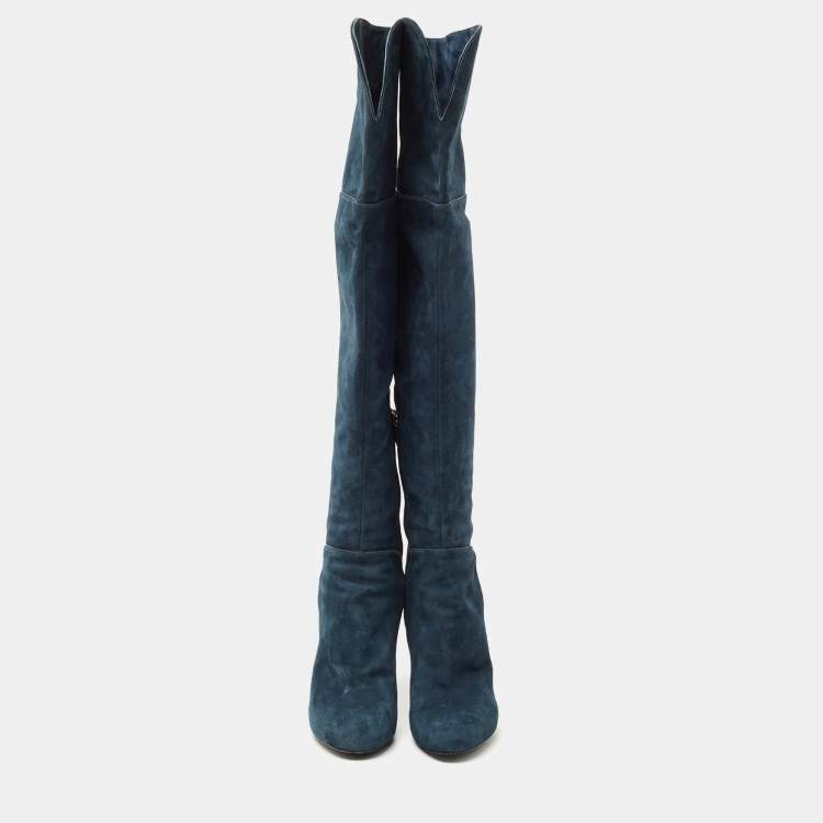 Pre Owned Sergio Rossi Blue Suede Knee Length Boots Size 40.5