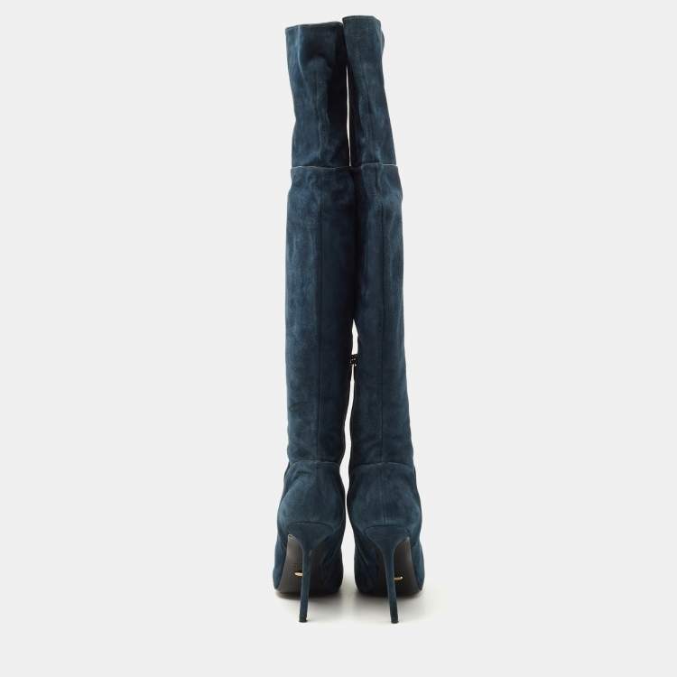 Pre Owned Sergio Rossi Blue Suede Knee Length Boots Size 40.5