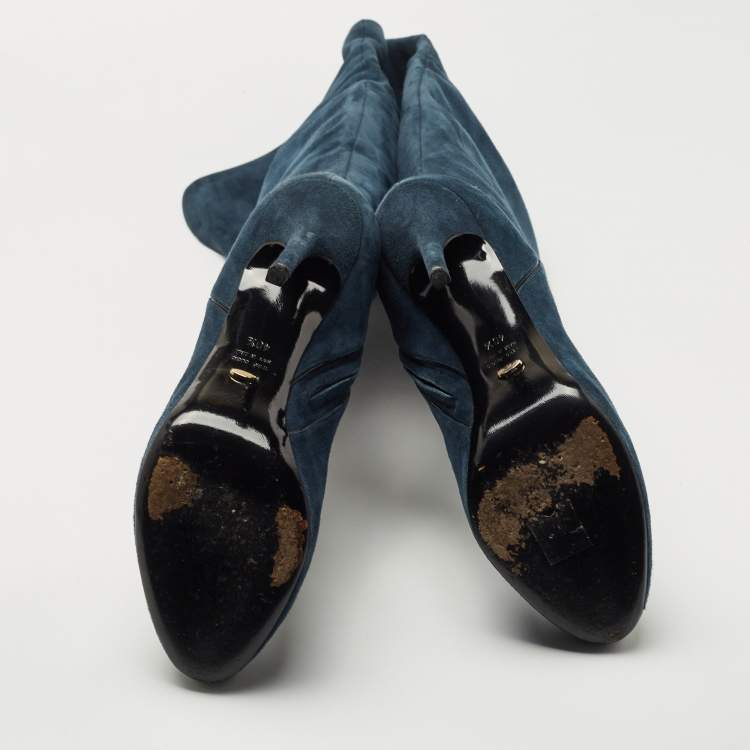 Pre Owned Sergio Rossi Blue Suede Knee Length Boots Size 40.5