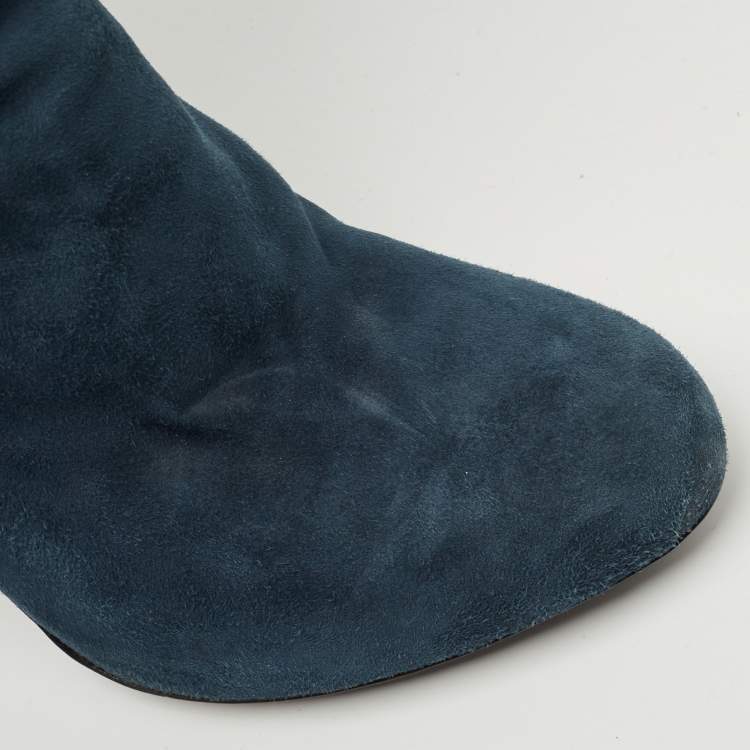 Pre Owned Sergio Rossi Blue Suede Knee Length Boots Size 40.5
