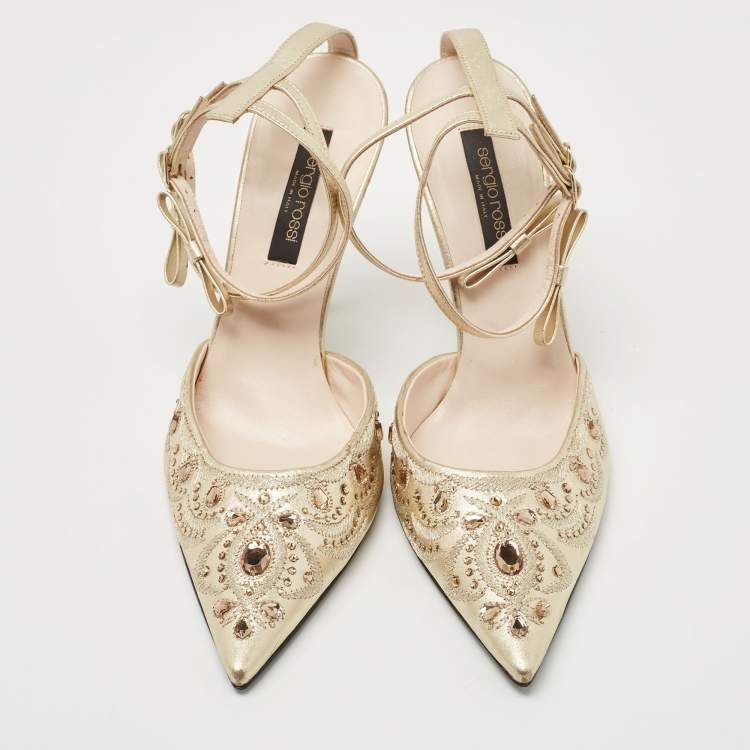 Pre Owned Sergio Rossi Metallic Gold Leather Ankle Strap Pointed Toe Sandals Size 37.5