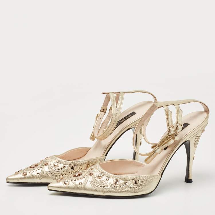 Pre Owned Sergio Rossi Metallic Gold Leather Ankle Strap Pointed Toe Sandals Size 37.5