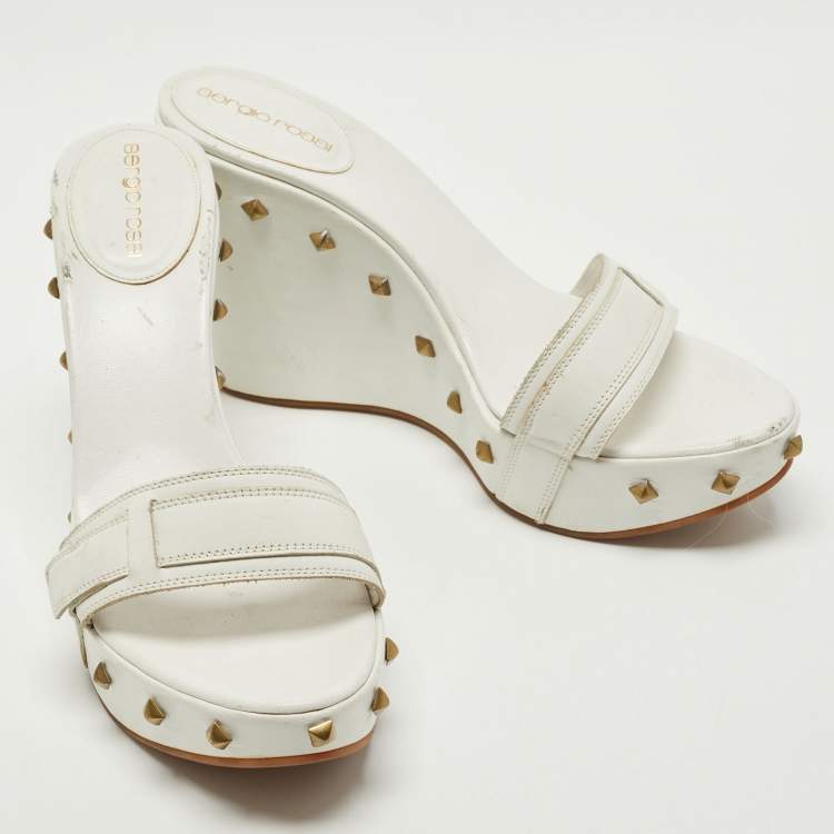 Pre Owned Sergio Rossi White Leather Wedge Slide Sandals Size 39