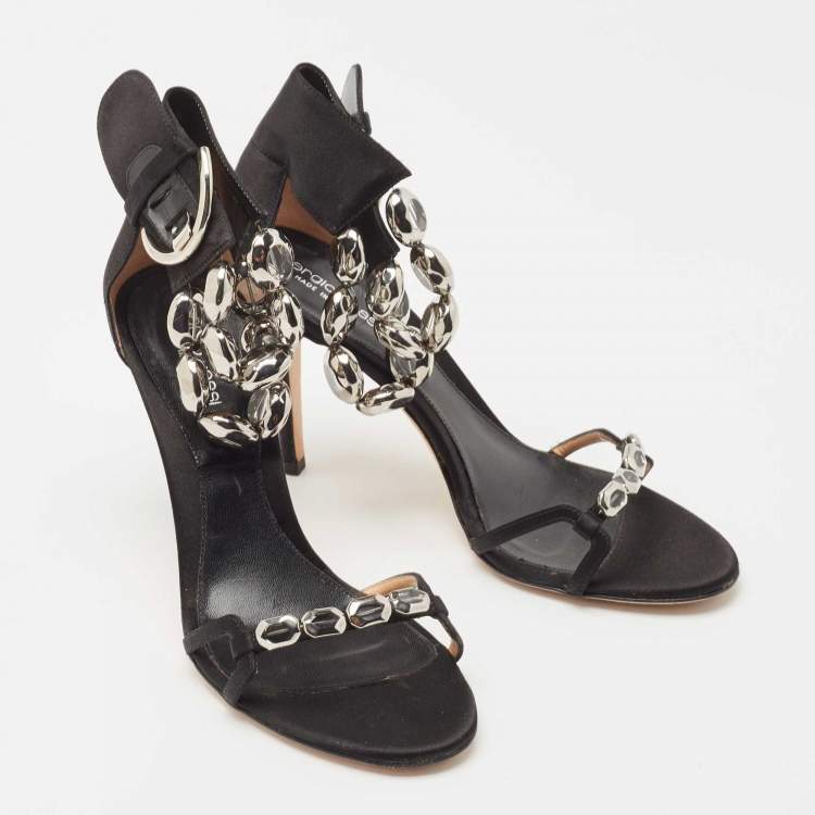 Pre Owned Sergio Rossi Black Satin Crystal Embellished Ankle Strap Sandals Size 38.5