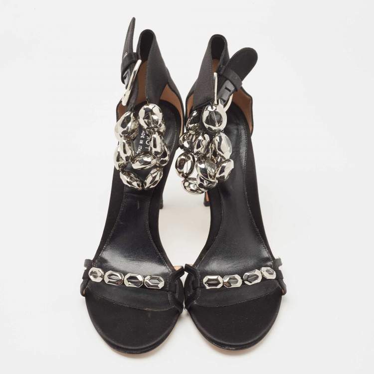 Pre Owned Sergio Rossi Black Satin Crystal Embellished Ankle Strap Sandals Size 38.5