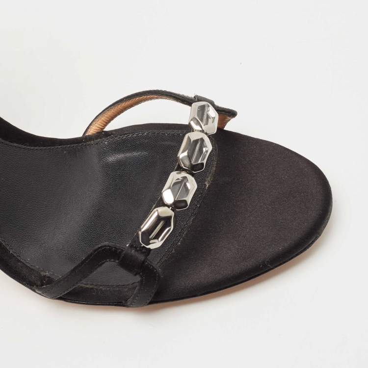 Pre Owned Sergio Rossi Black Satin Crystal Embellished Ankle Strap Sandals Size 38.5
