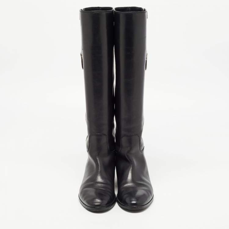 Pre Owned Sergio Rossi Black Leather Buckle Detail Knee Length Boots Size 38.5