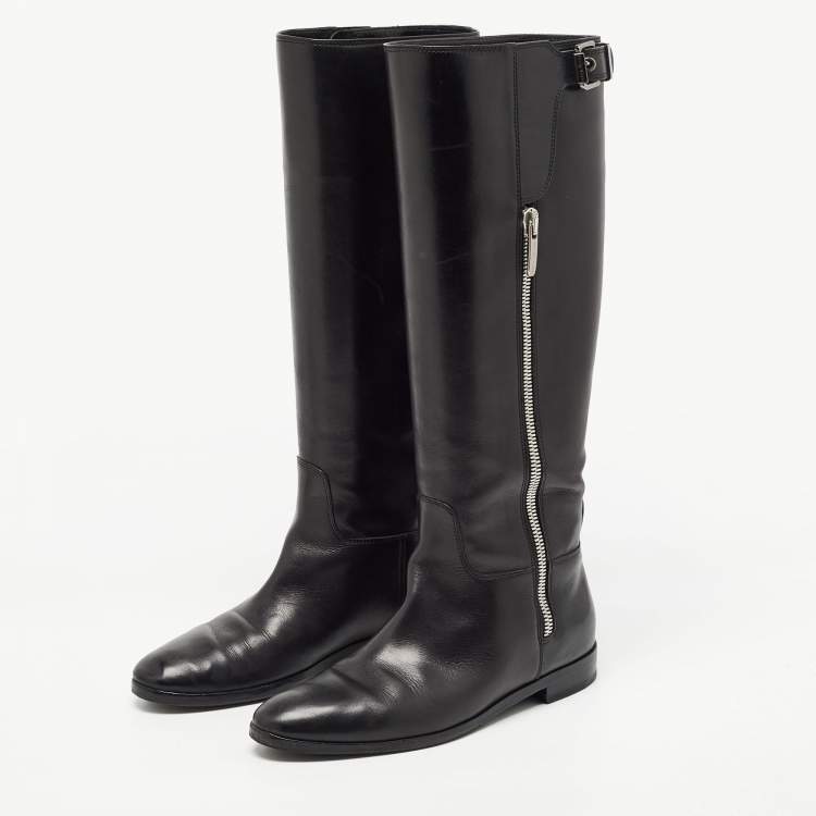 Pre Owned Sergio Rossi Black Leather Buckle Detail Knee Length Boots Size 38.5