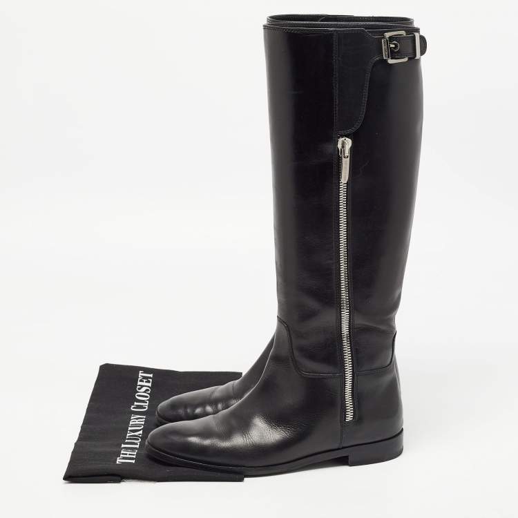 Pre Owned Sergio Rossi Black Leather Buckle Detail Knee Length Boots Size 38.5