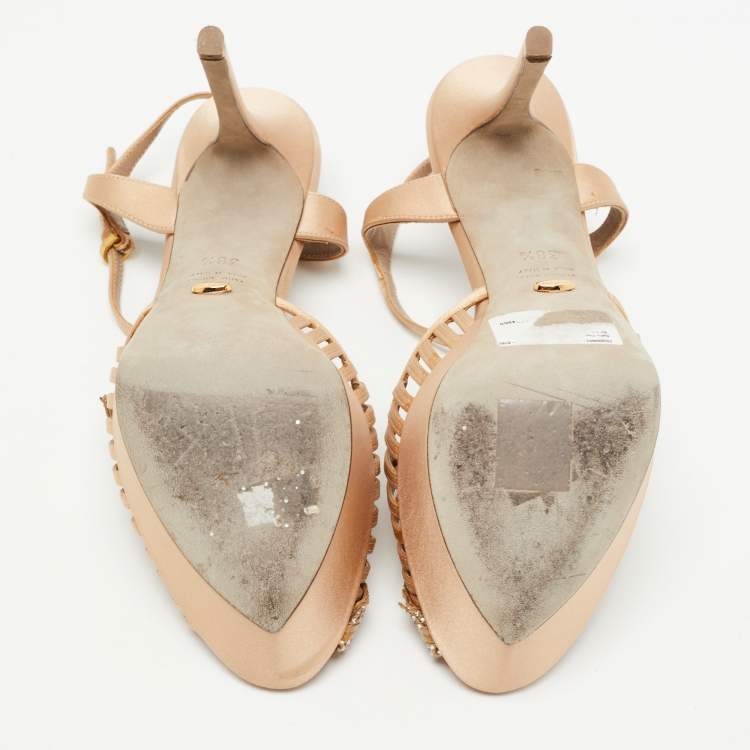 مملوكة مسبقًا Sergio Rossi Light Brown Satin Crystal Embellished Ankle Strap Sandals Size 38.5