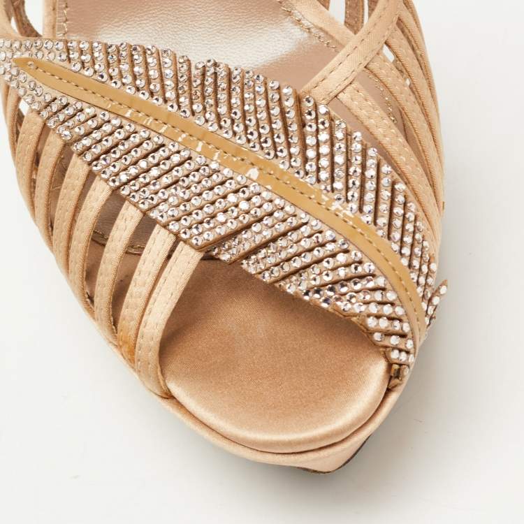 مملوكة مسبقًا Sergio Rossi Light Brown Satin Crystal Embellished Ankle Strap Sandals Size 38.5