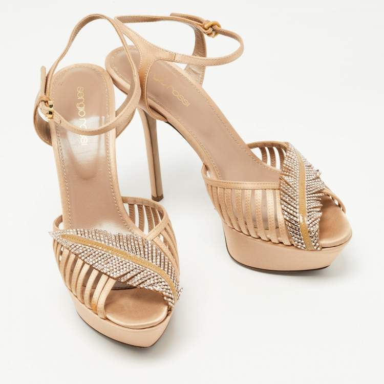 مملوكة مسبقًا Sergio Rossi Light Brown Satin Crystal Embellished Ankle Strap Sandals Size 38.5
