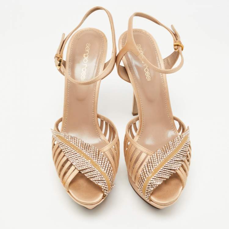 مملوكة مسبقًا Sergio Rossi Light Brown Satin Crystal Embellished Ankle Strap Sandals Size 38.5