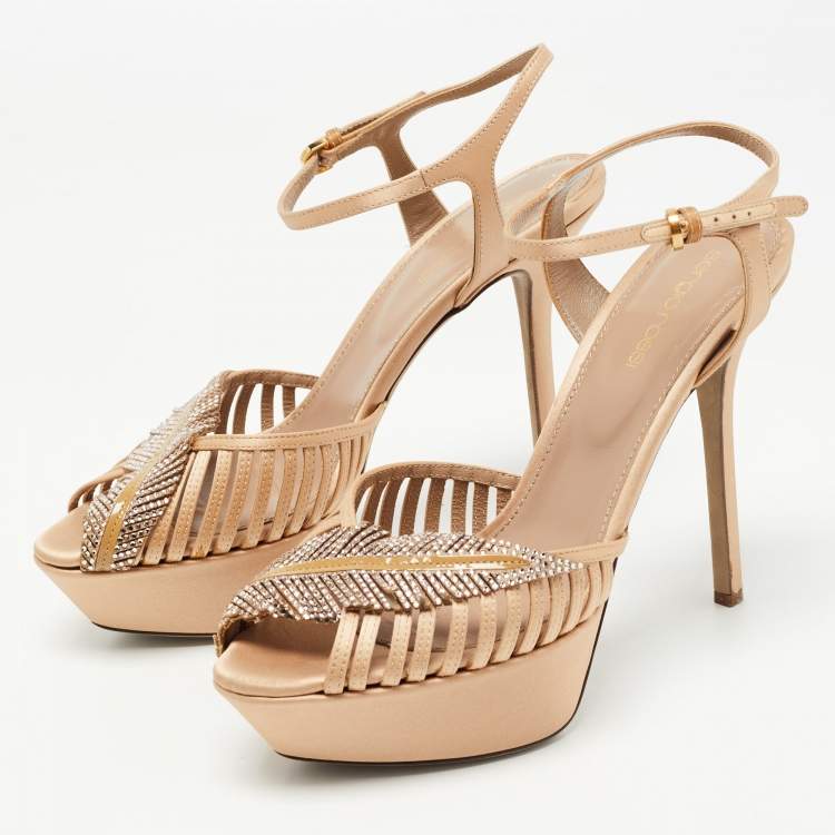 مملوكة مسبقًا Sergio Rossi Light Brown Satin Crystal Embellished Ankle Strap Sandals Size 38.5