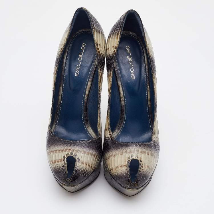 Pre Owned Sergio Rossi Multicolor Watersnake Leather Peep Toe Pumps Size 39