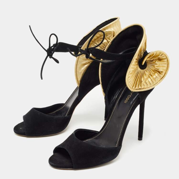Pre Owned Sergio Rossi Black/Gold Leather And Suede Swirl Open Toe Sandal Size 39