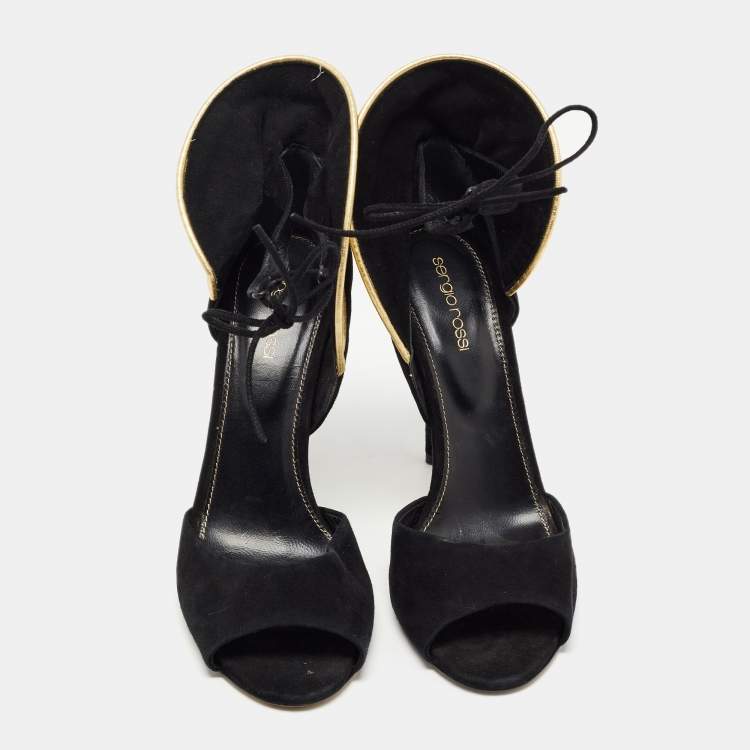 Pre Owned Sergio Rossi Black/Gold Leather And Suede Swirl Open Toe Sandal Size 39