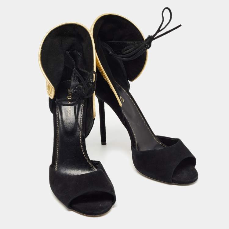 Pre Owned Sergio Rossi Black/Gold Leather And Suede Swirl Open Toe Sandal Size 39
