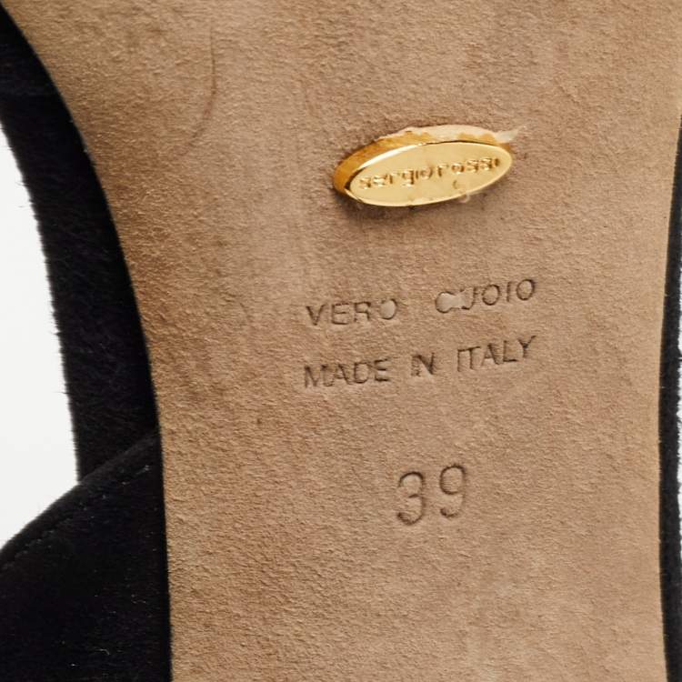 Pre Owned Sergio Rossi Black/Gold Leather And Suede Swirl Open Toe Sandal Size 39