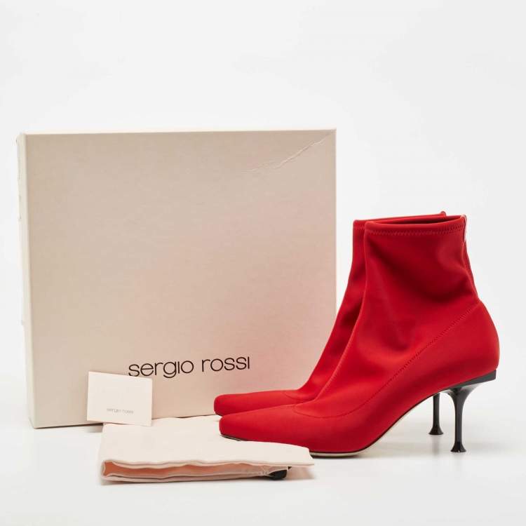 Pre Owned Sergio Rossi Red Knit Fabric Pointed Toe Ankle Booties Size 37.5