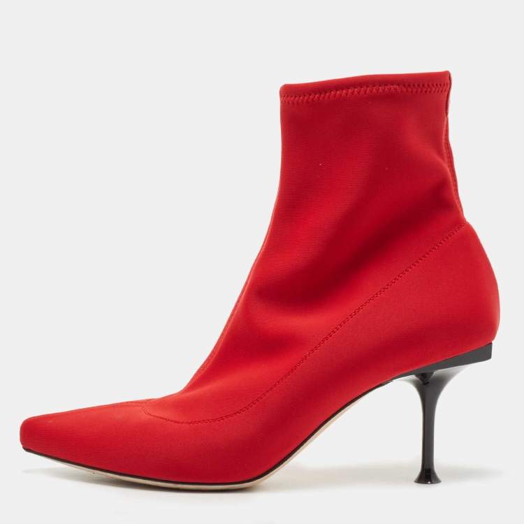 Pre Owned Sergio Rossi Red Knit Fabric Pointed Toe Ankle Booties Size 37.5