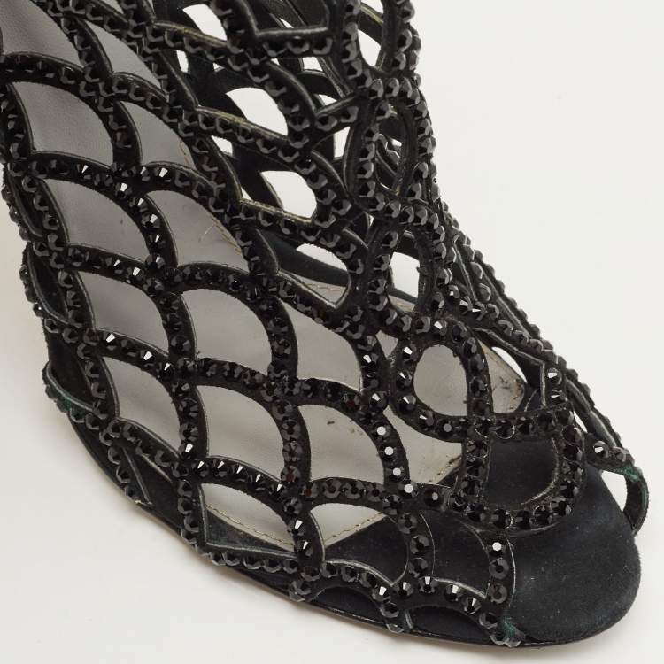 Pre Owned Sergio Rossi Black Suede Cut Out Caged Open Toe Ankle Boots Size 39.5