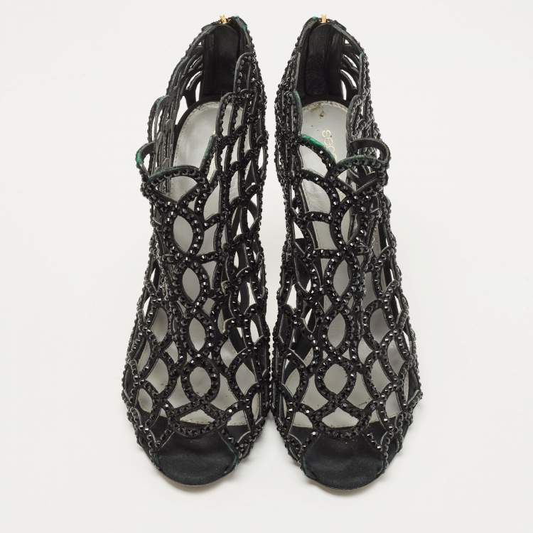 Pre Owned Sergio Rossi Black Suede Cut Out Caged Open Toe Ankle Boots Size 39.5
