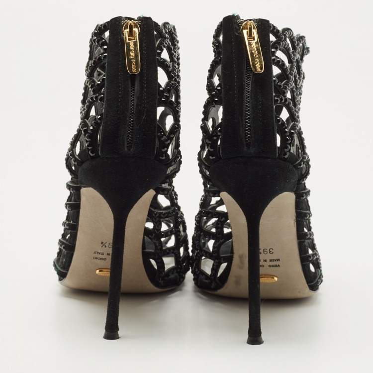 Pre Owned Sergio Rossi Black Suede Cut Out Caged Open Toe Ankle Boots Size 39.5