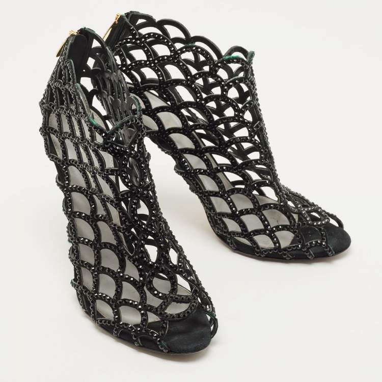 Pre Owned Sergio Rossi Black Suede Cut Out Caged Open Toe Ankle Boots Size 39.5