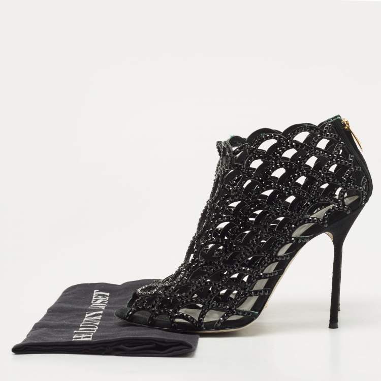 Pre Owned Sergio Rossi Black Suede Cut Out Caged Open Toe Ankle Boots Size 39.5