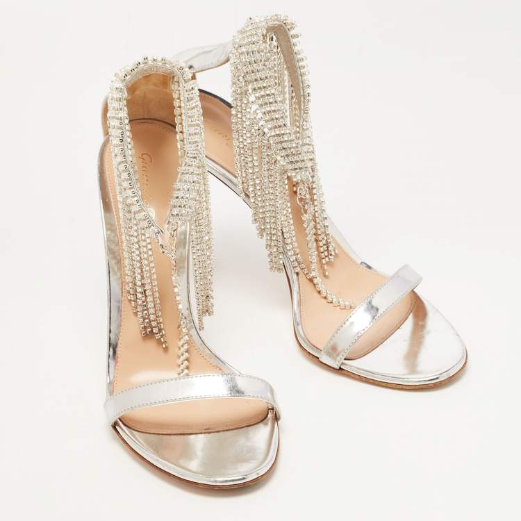 Pre Owned Sergio Rossi Silver Leather Crystal Embellished Ankle Strap Sandals Size 39