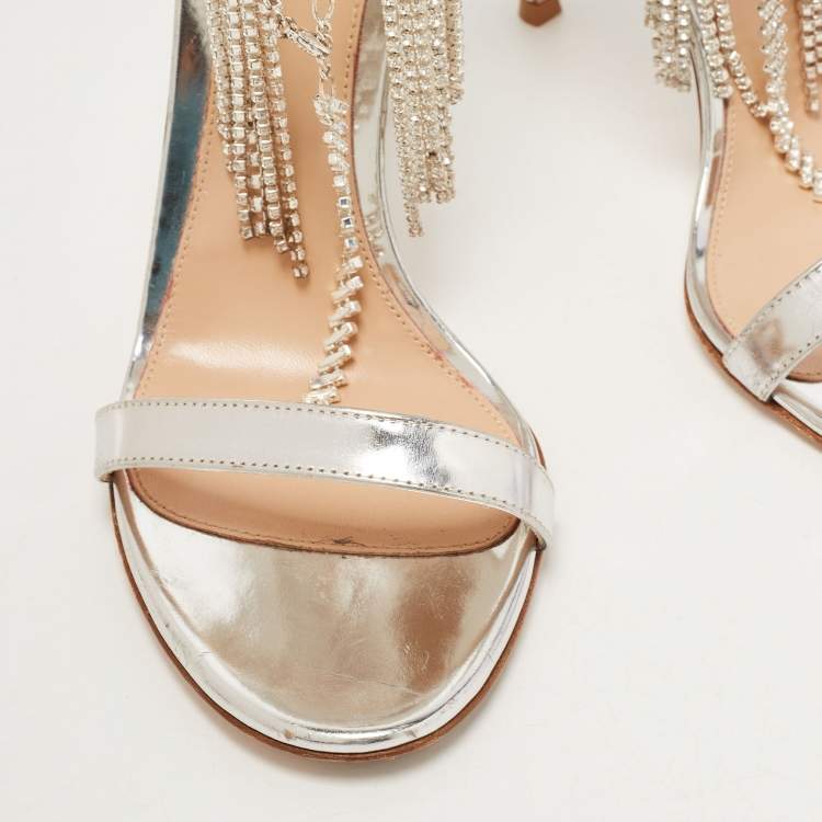 Pre Owned Sergio Rossi Silver Leather Crystal Embellished Ankle Strap Sandals Size 39