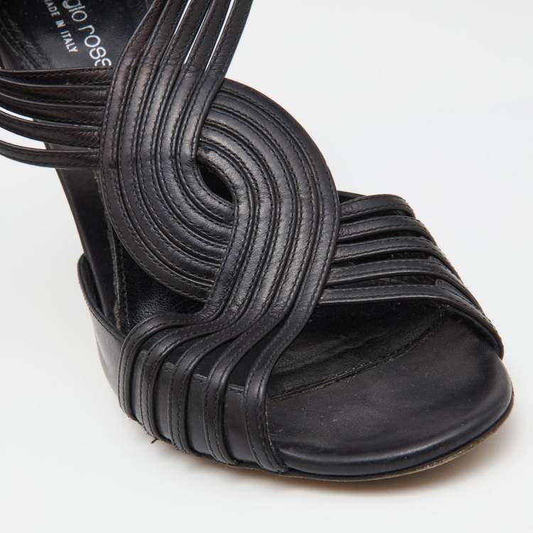 مملوكة مسبقًا Sergio Rossi Black Leather Strappy Peep Toe Sandals Size 39