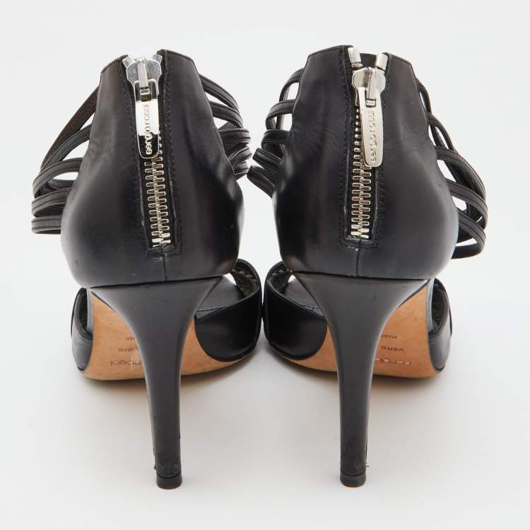 مملوكة مسبقًا Sergio Rossi Black Leather Strappy Peep Toe Sandals Size 39