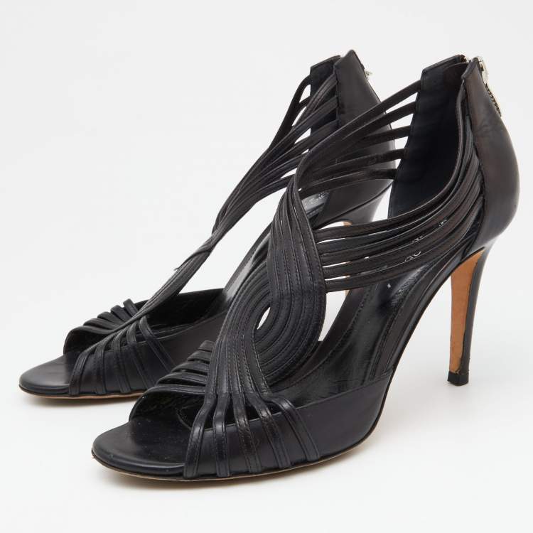 مملوكة مسبقًا Sergio Rossi Black Leather Strappy Peep Toe Sandals Size 39