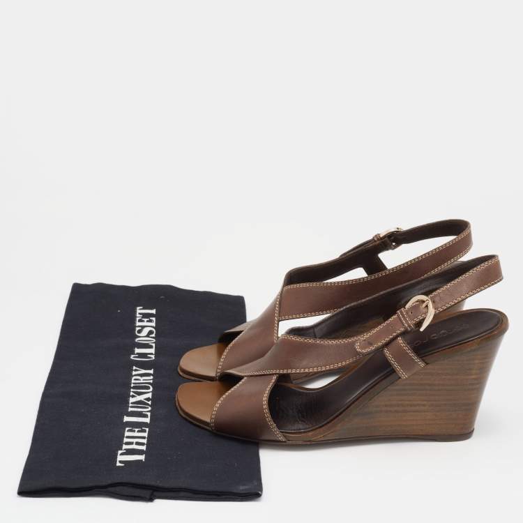Pre Owned Sergio Rossi Brown Leather Slingback Wedge Sandals Size 38.5