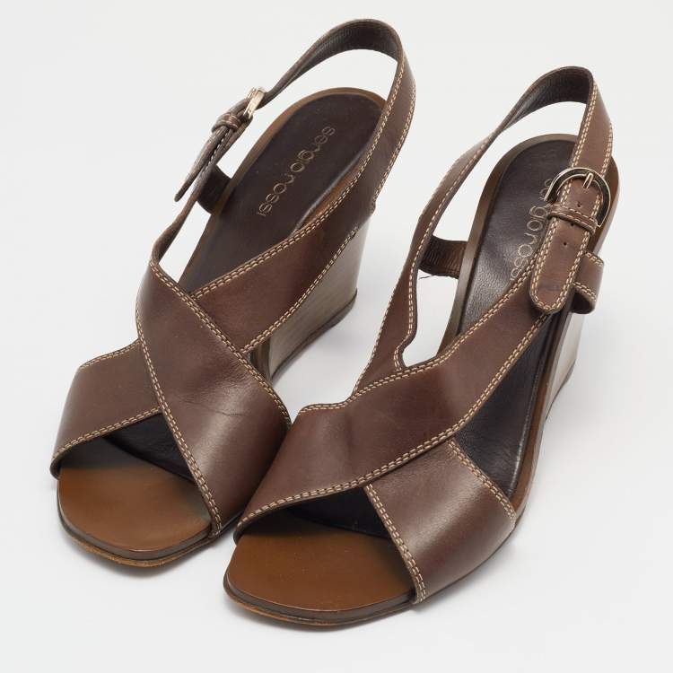 Pre Owned Sergio Rossi Brown Leather Slingback Wedge Sandals Size 38.5