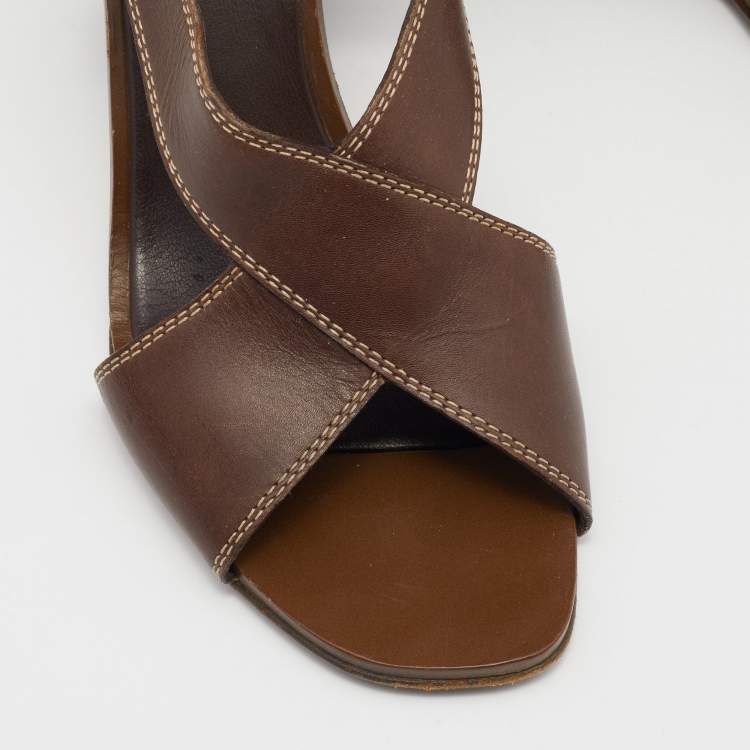 Pre Owned Sergio Rossi Brown Leather Slingback Wedge Sandals Size 38.5