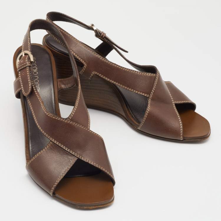 Pre Owned Sergio Rossi Brown Leather Slingback Wedge Sandals Size 38.5