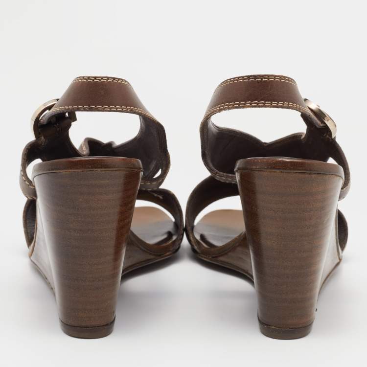 Pre Owned Sergio Rossi Brown Leather Slingback Wedge Sandals Size 38.5
