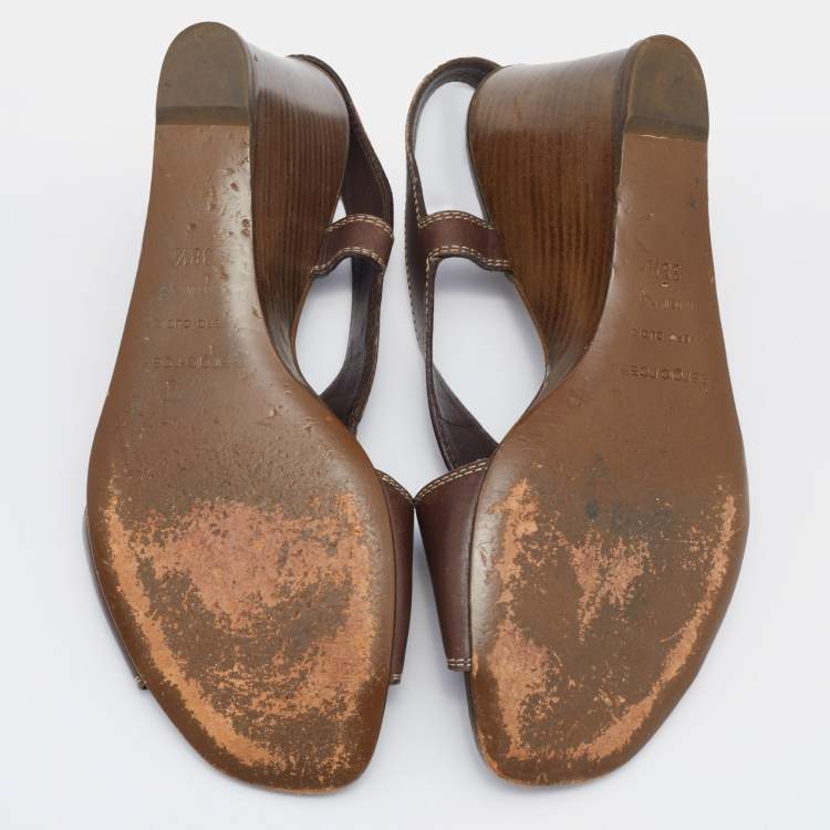 Pre Owned Sergio Rossi Brown Leather Slingback Wedge Sandals Size 38.5
