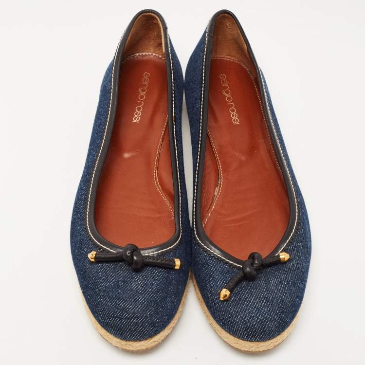 Pre Owned Sergio Rossi Blue Denim Bow Espadrille Ballet Flats Size 38.5