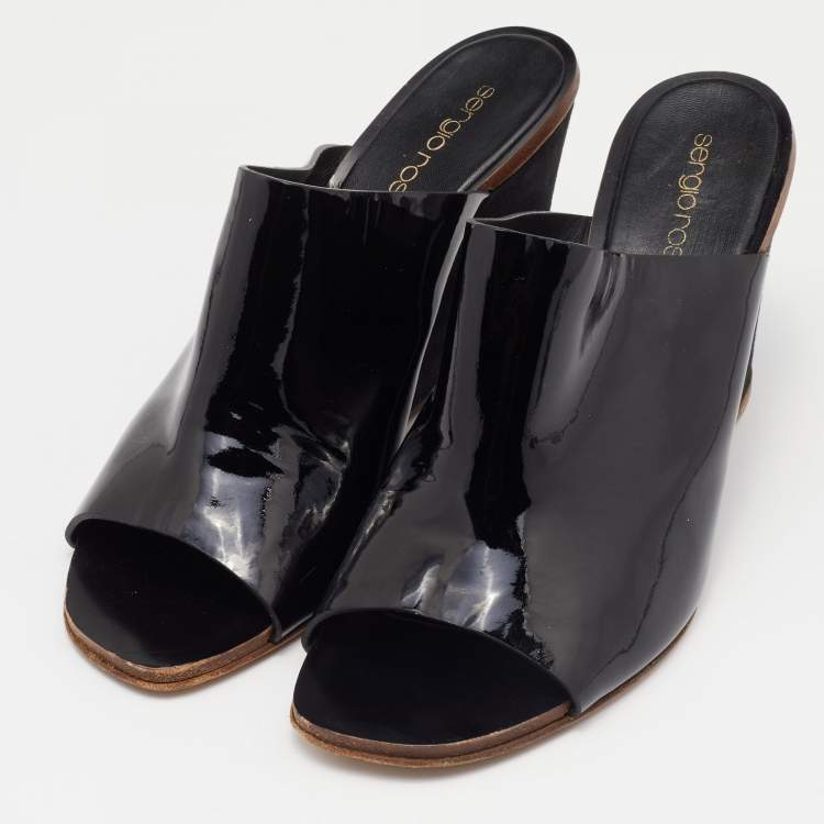 Pre Owned Sergio Rossi Black Patent Leather Wedge Sandals Size 37