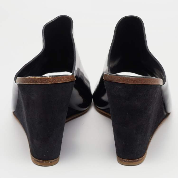 Pre Owned Sergio Rossi Black Patent Leather Wedge Sandals Size 37